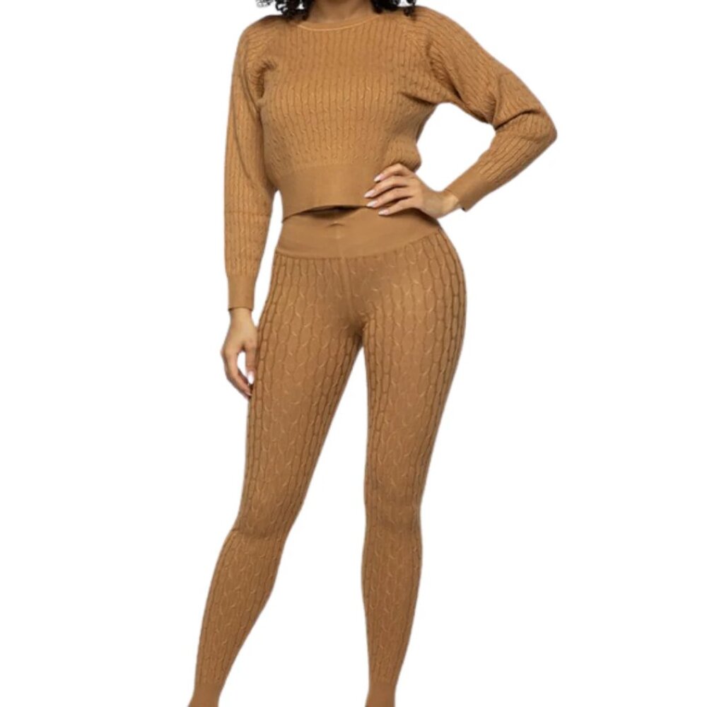 PRETTY LITTLE THING Ribbed Long Sleeve Cropped Top and Pants Set - Size S / M